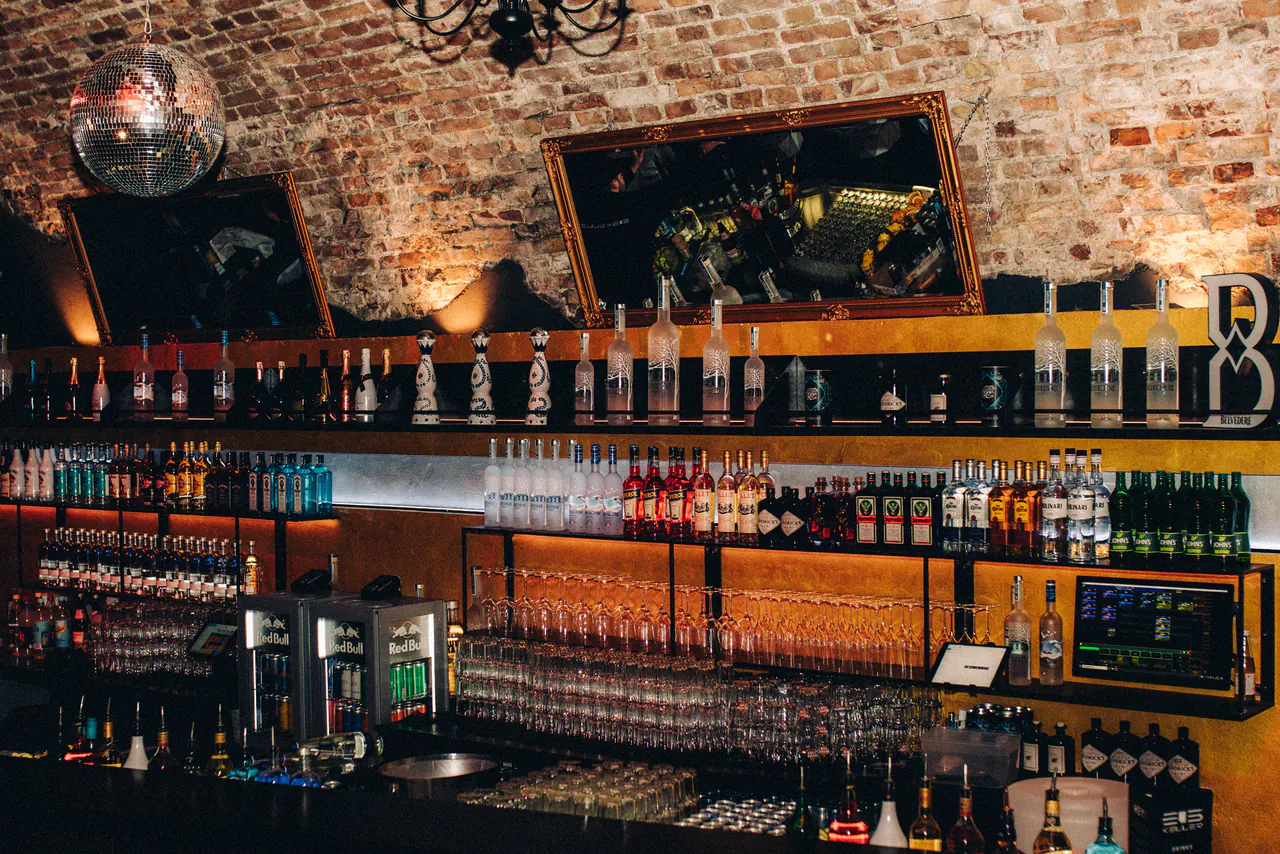 Bartechnik, Glasregale und Ziegelgewölbe im Eiskeller